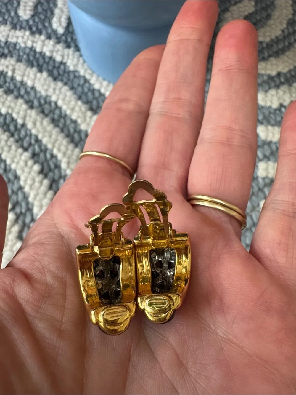 Vintage Two Tone Clip On Earrings Gold Gunmetal Statement Textured 80s
